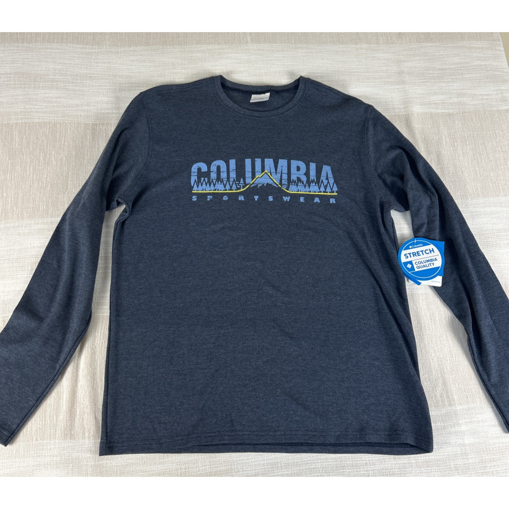 NWT Columbia‎ Men's Sz L Long Sleeve Waffle Knit Graphic T Shirt Blue Preppy